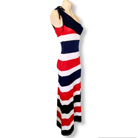 Y2k, dark blue, red + white one-shoulder maxi dress XS fits AU 4, 6, 8 - Picture 3 of 10